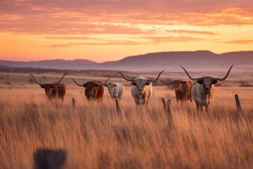 Naklejka premium Texas longhorn cattle at sunset in a pasture on the Oklahoma panhandle plains
