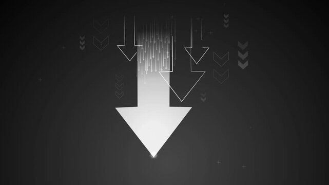 Monochrome downward arrow with digital rain background animation