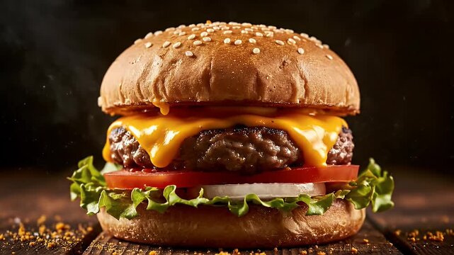 Delicious Gourmet Cheeseburger with Fresh Ingredients on Wooden Table.