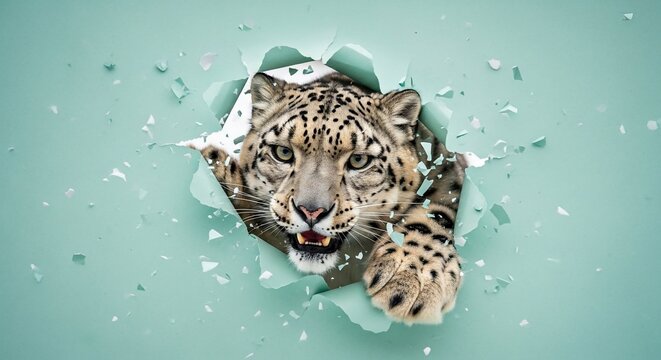 Snow Leopard Emerging Through Ice With Intense Gaze.