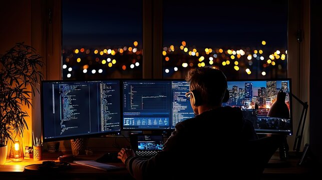 Male programmer works on code using multiple monitors overlooking a brightly lit cityscape at night