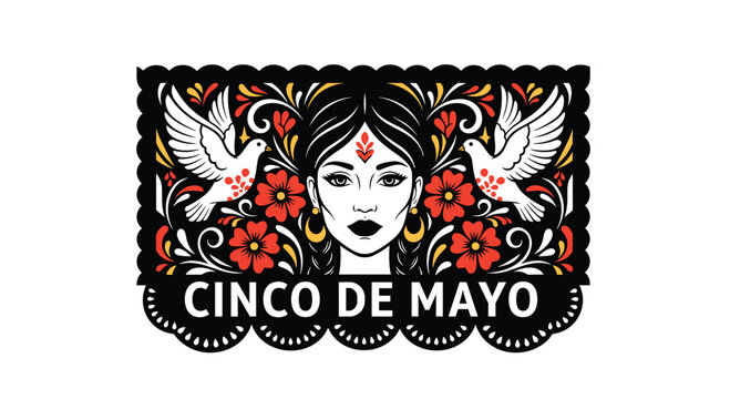 Mexican culture celebration design features a woman with doves and flowers inside a decorative paper cut frame for Cinco de Mayo.