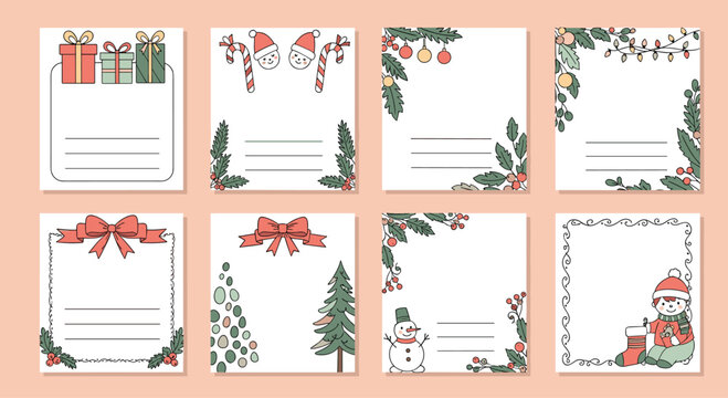 Christmas card set features eight different festive designs with ornaments, greenery, snowmen, and holiday characters.