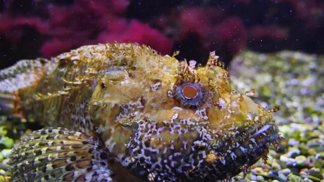 Close up of stonefish. or Warty-ghoul, Nofu or rockfish resting on the seabed underwater with another one beside