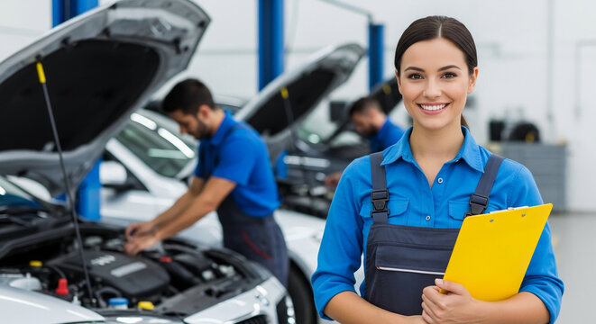 Portrait of smiling woman in blue overalls holding yellow clipboard, automotive shop scene in background, representing automotive expertise, service
