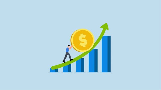 Compound interest exponential growth, 4k animation of entrepreneur drives funds upward on growing chart