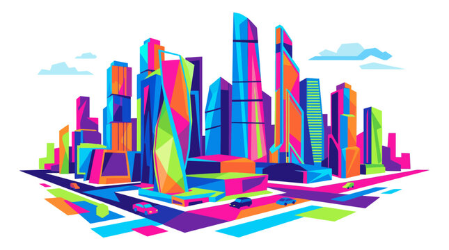 Vibrant WPAP style city skyline with colorful geometric skyscrapers and urban traffic