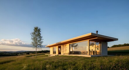 Fototapeta premium Minimalist modern home in a tranquil setting with expansive glass facade