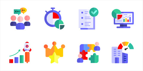 Fototapeta premium Business Team Collaboration And Performance Icons Pack. Company growth monitoring and document approval vector icon set