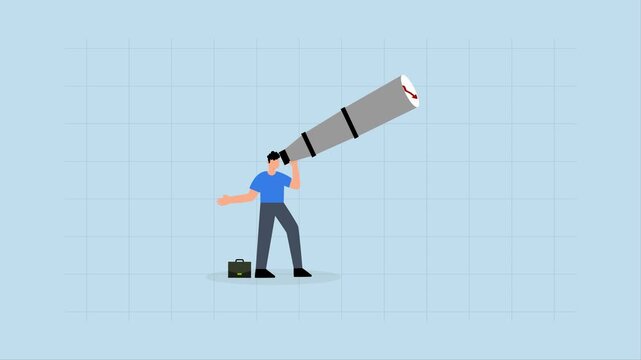 Economic forecast downturn, 4k animation of businessman gazes through telescope at declining red arrow graph ahead