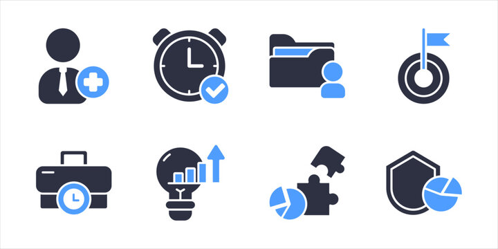 Corporate Business Strategy And Office Productivity Icons Collection. Project assignment time management innovation and performance monitoring vector set