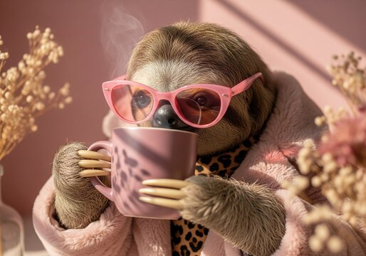 Cute sloth wearing pink cat-eye sunglasses holding a mug of steaming coffee