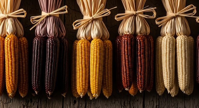A vibrant display of indian corn bundles of colorful dried corn stalks tied with raffia