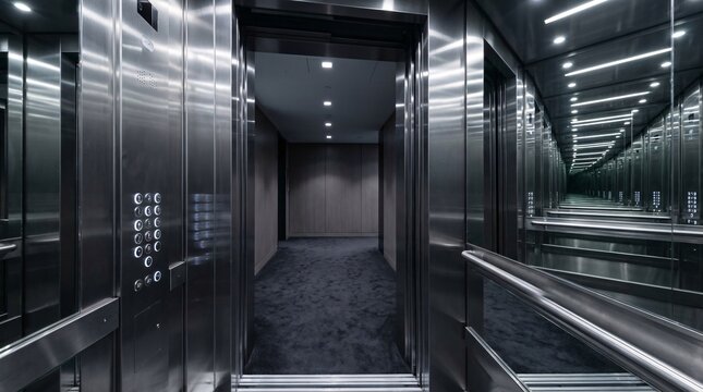 Sleek metallic elevator interior lined with spotless polished mirrors and illuminated brushed steel buttons reveals half-open heavy doors.