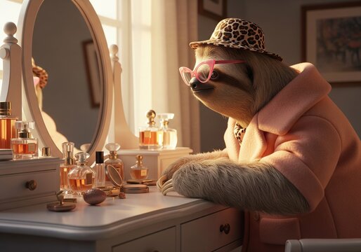 Glamorous sloth in stylish outfit gets ready at a vanity table with perfumes
