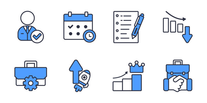 Office Business Management And Corporate Collaboration Icons Set. Employee approval workflow performance tracking and partnership vector icons