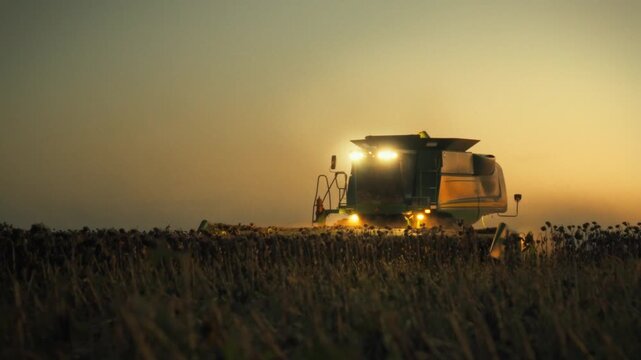 A combine harvester works in a sunflower field during dusk. The sky glows orange as the machine efficiently collects sunflowers, marking the end of a productive day in the countryside