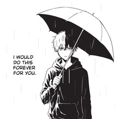 Obraz premium Anime man with umbrella, romantic quote, manga style, black and white, vector illustration, emotional expression