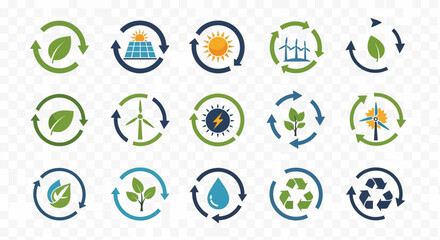 Fototapeta premium Renewable Energy and Ecology Icons Set - Sustainable Green Technology Symbols