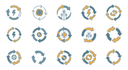 Fototapeta premium Renewable Energy and Recycling Icons Set: Sustainable Circular Economy Symbols