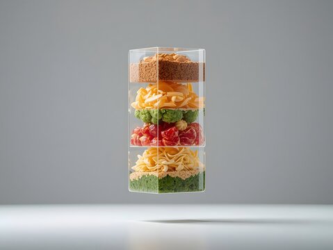 Levitating Transparent Glass Cylinder Filled with Layered Healthy Food Ingredients