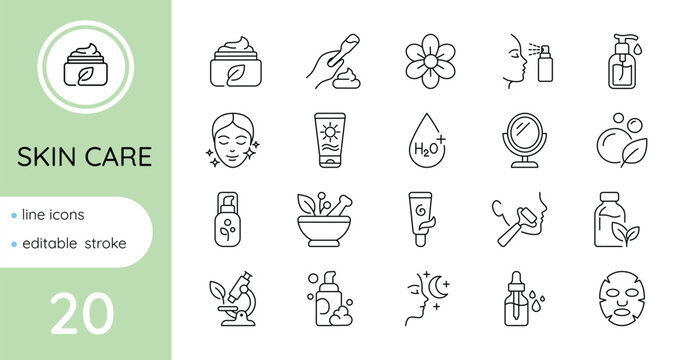 Skin care line icons set. Editable.