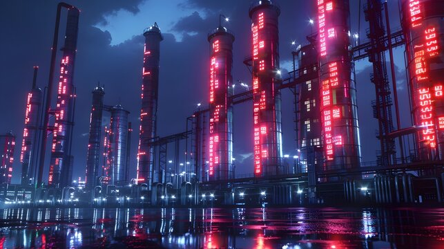 wide angle 3D render of industrial oil refinery at night with red stock tickers