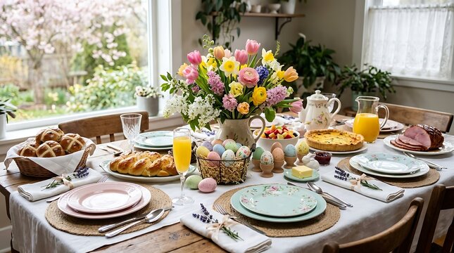 A beautifully decorated dining table filled with food and flowers, perfect for a gathering.