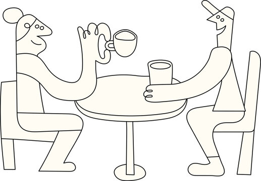 Doodle characters sitting at caf&eacute; table and drinking coffee