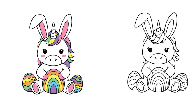 Adorable Easter Unicorn Character with Bunny Ears Holding Rainbow Egg: Color and Line Art Versions for Children's Coloring Book and Activities