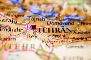 Naklejka premium Macro map view of Tehran Iran showing transport routes and urban destination planning concept.