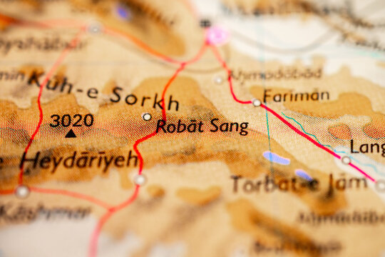 Printed map close up showing Robat Sang area in Iran.