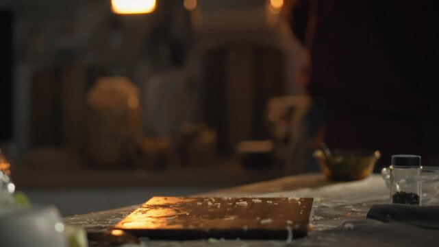 A man engages in evening cuisine preparation near the countertop in a warm kitchen, embodying a cozy lifestyle routine of creating delicious dishes, a customary part of daily work