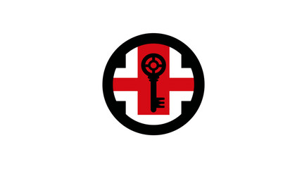 Fototapeta premium A black circle surrounds a red cross and a black key, set against a white background