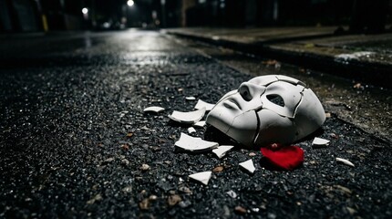 Shattered white mask and red rose petal lie on dark wet street at night, dramatic mood