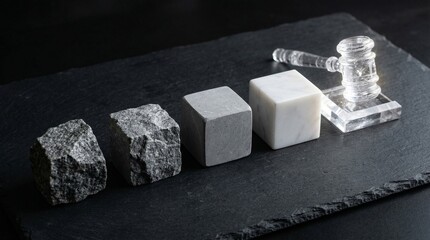 Justice concept showcasing material transformation from raw stone to smooth blocks and legal gavel