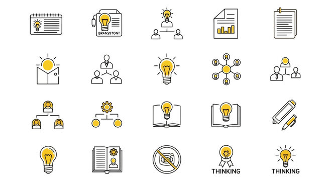 A versatile set of business idea and innovation icons, depicting strategic thinking, creative problem-solving, organizational development, and collaborative project execution