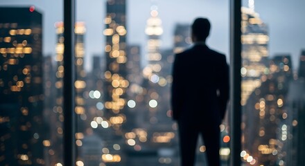 Obraz na płótnie Canvas Man in suit looking out window at blurred city lights at night, symbolizing ambition.
