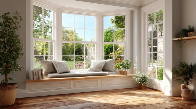 Warm daylight fills a tranquil room around a traditional bay window with multiple French-pane sashes