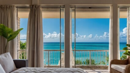 Fototapeta premium Ocean Vista: A sunlit interior frames the breathtaking view of the ocean, offering a serene escape. Curtains gently frame the scene, inviting a moment of peace.