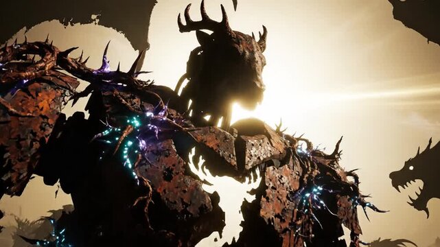 Giant thorny monster confronts dragons in dramatic fantasy scene