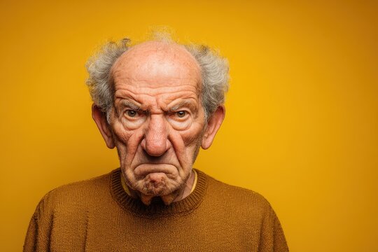 Weathered elder with tense expression and clenched jaw on yellow backdrop