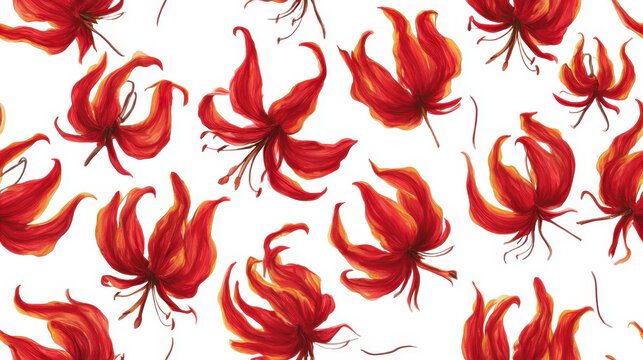Seamless pattern with expressive red gloriosa lilies on light background, vibrant artistic watercolor floral design