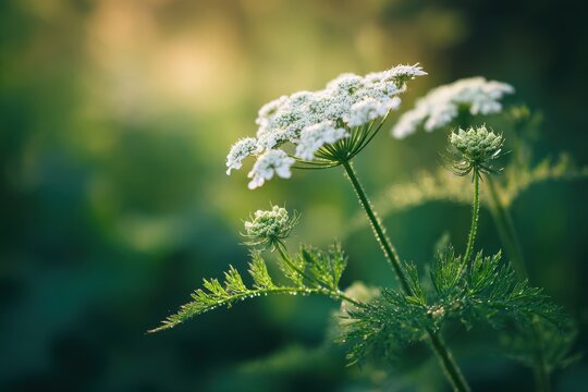 Wild carrot in bloom in a sunlit meadow with delicate white umbels