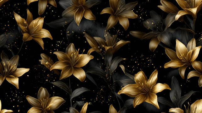 Seamless pattern with metallic golden lilies on black background with smoke and glitter accents, luxurious dramatic floral design
