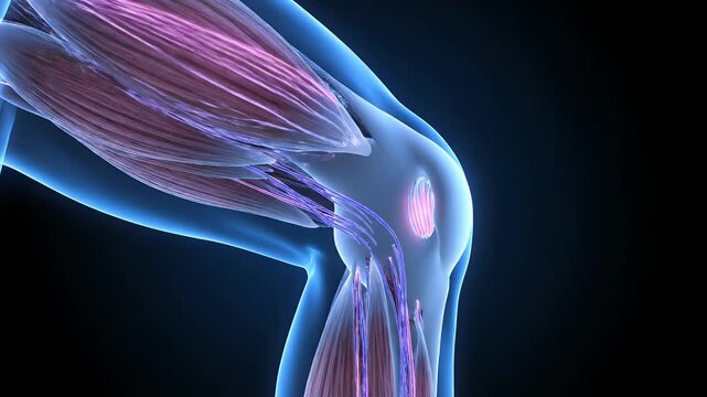 Detailed 3D medical illustration of human knee joint anatomy with muscles and bones.
