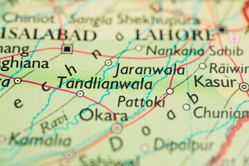 Fototapeta premium Tandlianwala Pattoki and Okara towns on detailed Punjab Pakistan map.