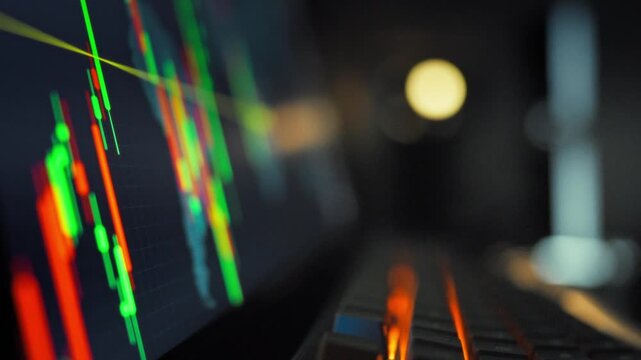 A trader intently watches a trading screen displaying fluctuating candlesticks, reflecting cryptocurrency market volatility and rapid price swings in the finance sector