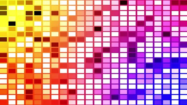 Colorful pixel grid with vibrant gradient from warm yellow to cool purple, forming a dynamic abstract mosaic with digital texture and modern visual energy. seamless loop