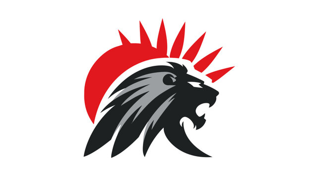 A stylized illustration of a lion's head with a flowing mane and a mohawk-like feature